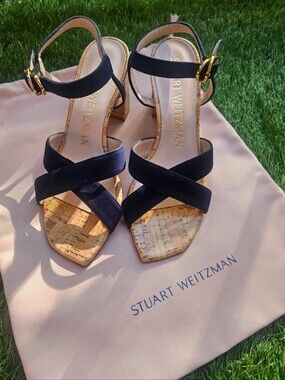 NIB Stuart Weitzman Navy Blue Suede Cork Block Heel Sandals Size US 5.5 / EU 36